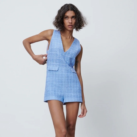 Zara Short Textured Weave Jumpsuitblue 
